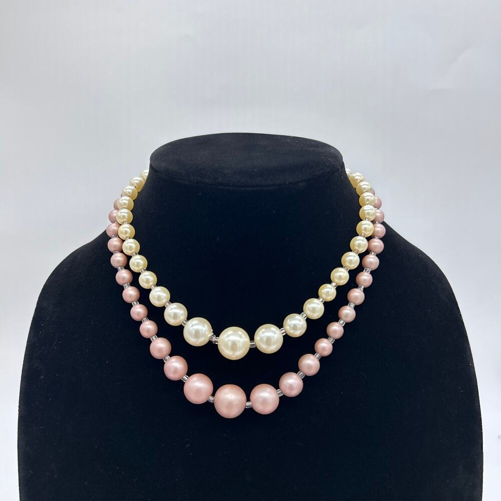 Vintage Necklace White Pink Dyed Faux Pearl Long Two Double Strand Signed Japan